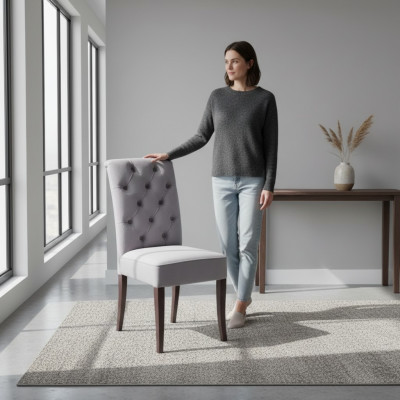 Exclusieve grijze Chesterfield stoel Luxe eendelige designer eetkamerstoelen