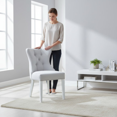 Grijze gestoffeerde Chesterfieldstoel ontworpen door Einitzer fauteuils voor de eetkamer.