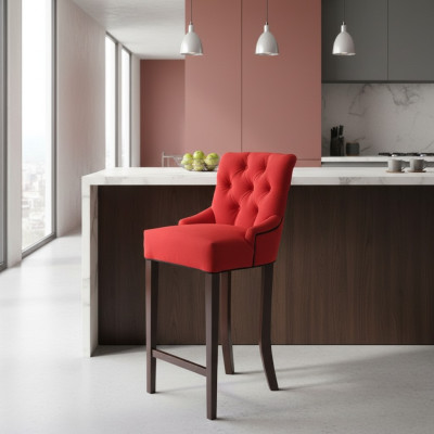 Rode Chesterfield barkruk, designer krukset van 4 gestoffeerde massief houten stoelen.