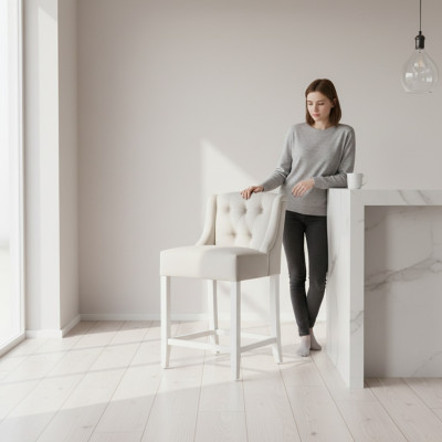 Helle grijze Chesterfield barkruk - ontwerper zitstoel - luxueuze eenzitter.