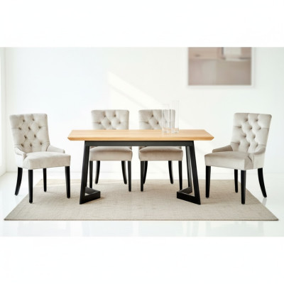 Bruine houten tafel met metalen frame, ontwerper x6 Chesterfield stoelen Luxe 7-delige set.