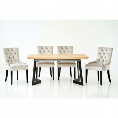 Bruine houten tafel met metalen frame, ontwerper x6 Chesterfield stoelen Luxe 7-delige set.