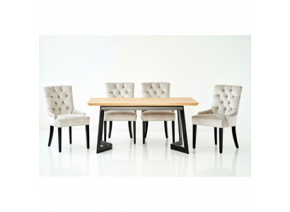 Bruine houten tafel met metalen frame, ontwerper x6 Chesterfield stoelen Luxe 7-delige set.