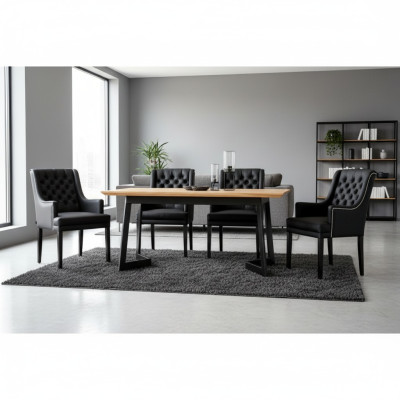 Ontwerper eetkamertafel met 4 Chesterfield fauteuils zitgroep stoelen.