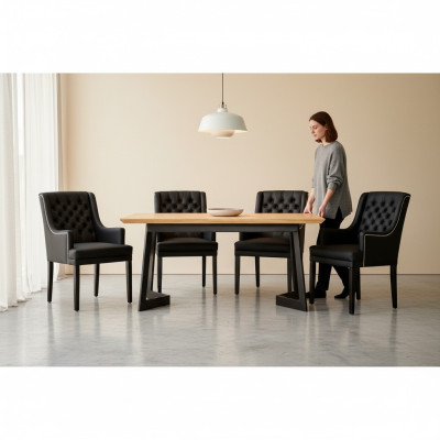 Moderne ovale eettafel Designer Zwarte Chesterfield stoelen 7-delig set