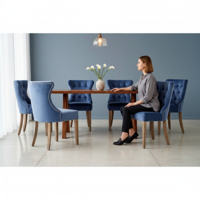 Rechthoekige houten tafel Designer x6 Chesterfield Blauwe stoelen 7-delige eetkamerset