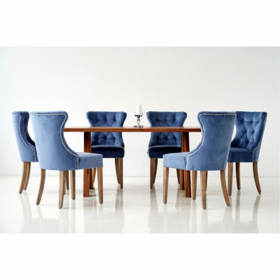 Rechthoekige houten tafel Designer x6 Chesterfield Blauwe stoelen 7-delige eetkamerset