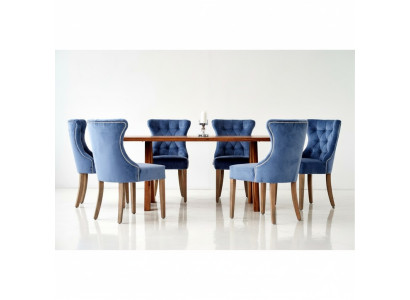 Rechthoekige houten tafel Designer x6 Chesterfield Blauwe stoelen 7-delige eetkamerset