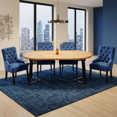 Ronde houten eettafel designer blauwe x4 Chesterfield eetkamerstoelen 5-delige set.