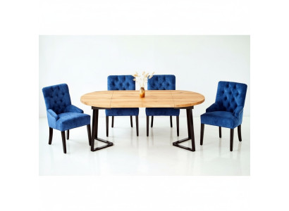 Ronde houten eettafel designer blauwe x4 Chesterfield eetkamerstoelen 5-delige set.