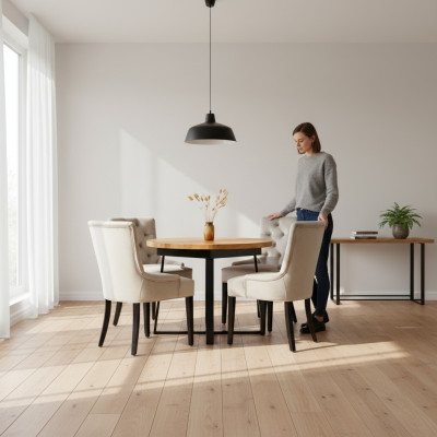 Eettafel + 4 Chesterfield stoelen houten zitting stoffering set