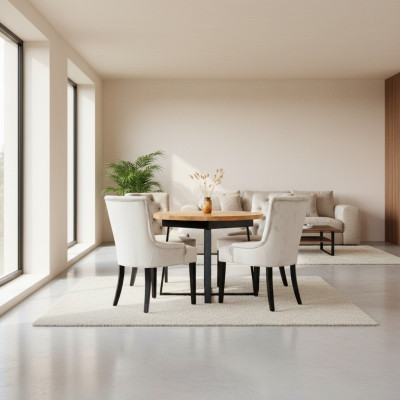 Eettafel + 4 Chesterfield stoelen houten zitting stoffering set