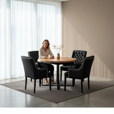 Eetkamerset Tafel + 4 Chesterfield Stoelen Stoel Hout Zitting Bekleding Set