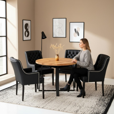 Moderne eetkamermeubels, luxe ronde houten tafel + x6 Chesterfield leren stoelen 7-delige set