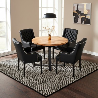 Moderne eetkamermeubels, luxe ronde houten tafel + x6 Chesterfield leren stoelen 7-delige set