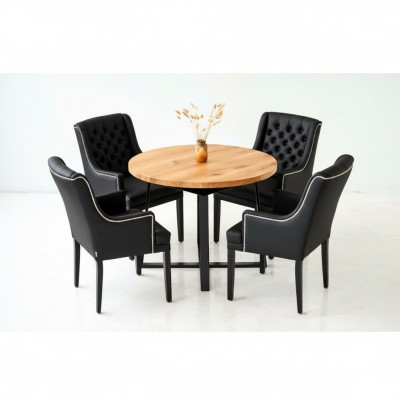 Moderne eetkamermeubels, luxe ronde houten tafel + x6 Chesterfield leren stoelen 7-delige set