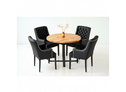 Moderne eetkamermeubels, luxe ronde houten tafel + x6 Chesterfield leren stoelen 7-delige set