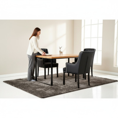 Bruin metalen eettafel met ontwerper x6 Chesterfield gestoffeerde stoelen 7-delige set.