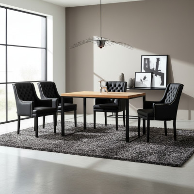 Bruin metalen eettafel met ontwerper x6 Chesterfield gestoffeerde stoelen 7-delige set.