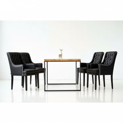 Bruin metalen eettafel met ontwerper x6 Chesterfield gestoffeerde stoelen 7-delige set.