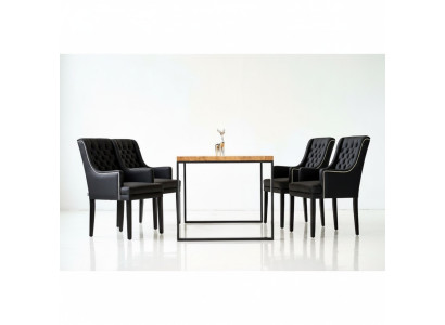 Bruin metalen eettafel met ontwerper x6 Chesterfield gestoffeerde stoelen 7-delige set.