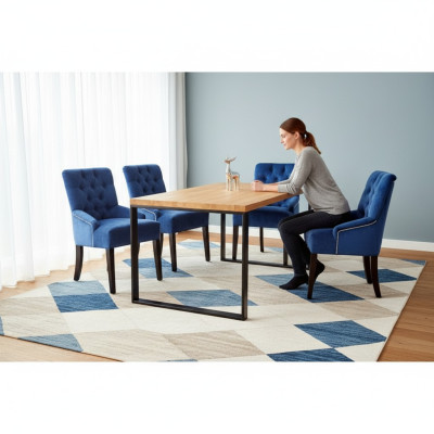 Moderne houten eettafel + x6 Chesterfield stoelen eetkamer set 7-delig.