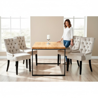 Bruine rechthoekige eettafel met moderne witte x6 Chesterfield stoelen