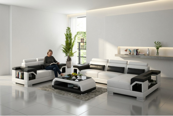 Leren bankstel met USB-woonlandschap hoekbank + fauteuil hoekbankstel Modern ontwerp Sofa