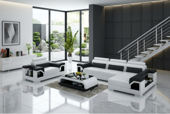 Leren bankstel met USB-woonlandschap hoekbank + fauteuil hoekbankstel Modern ontwerp Sofa