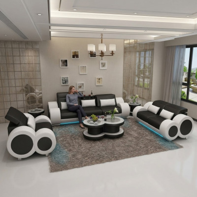 Leren bank Bankstel Bankstel 3+2+1 Set Design Modern Bank + USB Stoel Nieuw