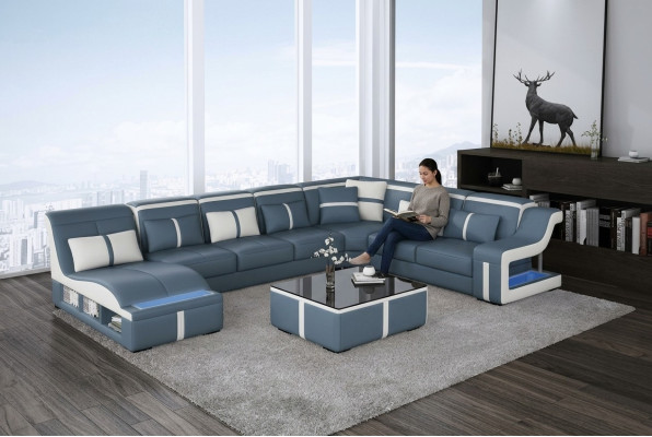 Woonlandschap hoekbank bank bank U-vorm gestoffeerde banken leren design verlicht