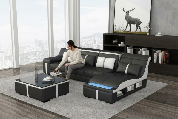 Ontwerp Hoekbank USB LED + Tafel Gevoerde Hoekbank Zit Leer Set Woonlandschap