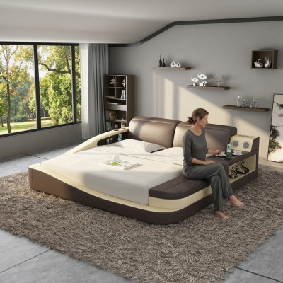 Multifunctioneel bed met Bluetooth-luidsprekers, luxe designleren bedden, hotel, nieuw tweepersoons.