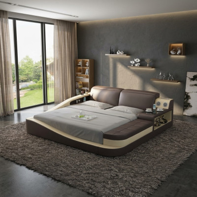 Multifunctioneel bed met Bluetooth-luidsprekers, luxe designleren bedden, hotel, nieuw tweepersoons.