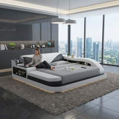 Multifunctioneel bed Luxe design Leren bed Dubbele plank 180x200