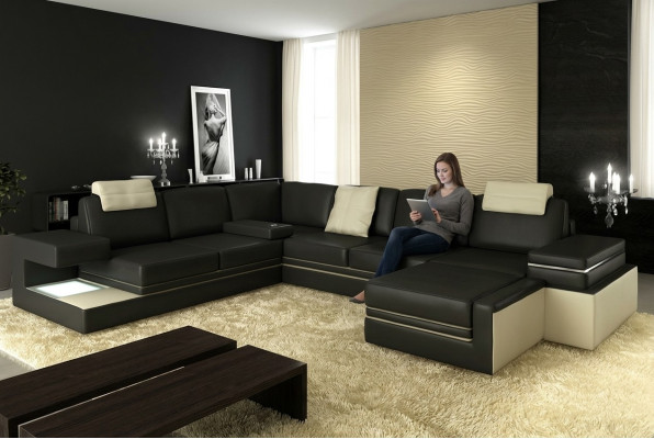 Moderne hoekbank ontwerp bank bekleding hoek leer textiel bank LED woonlandschap