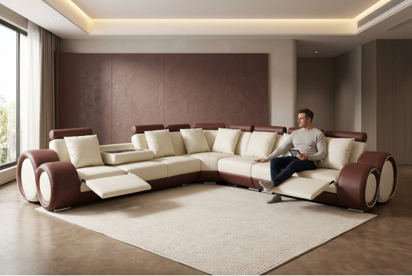 Ontwerp leren gestoffeerde hoekwoonkamersofa + USB design loungeset nieuw