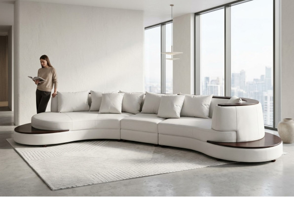 Luxe hoekbank met lederen bekleding en XXL-formaat, met USB en U-vormige opstelling.