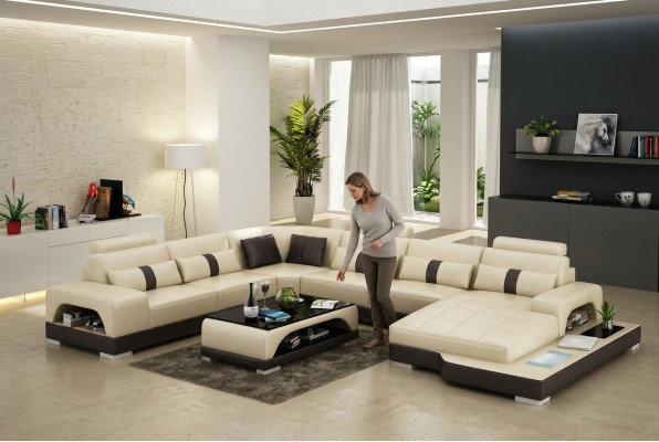 Leren U-vormige woonlandschap bank Big XXL bank LED USB bekleding hoekset hoek.