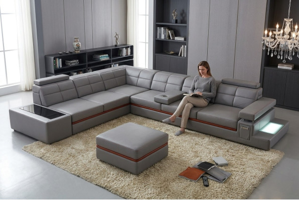 Leren bankstel Bank woonlandschap Hoekbank Hoek set +USB Nieuw Ontwerp Modern Bankstel