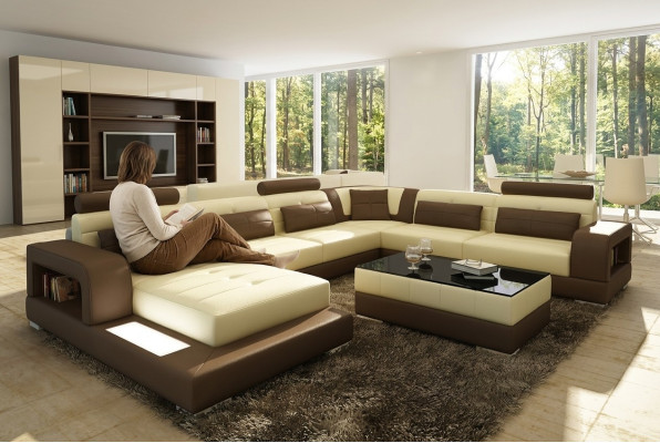 XXL Groot woonlandschap bankstel met USB bekleding lederen bankstel set banken licht.  XXL Groot woonlandschap bankstel met USB-bekleding, leren bankstel set banken licht.