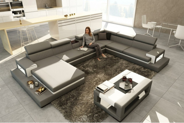 Leren bank met USB, hoekbank U-vorm bank woonlandschap designer zit hoek.