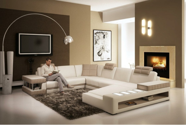 Hoekbank met LED & USB woonlandschap bank bekleding bankstel U-vorm leer