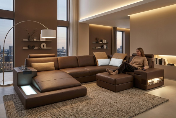 Leren bankstel LED + USB hoekbank Bank Bank gestoffeerde Bellini Big woonlandschap Banken  Leren bankstel met LED + USB hoekbank Bank Bank gestoffeerde Bellini Grote woonlandschap Banken