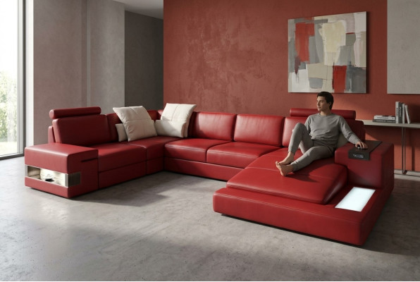 Hoekbank met USB bank bank bekleding U-vorm woonlandschap leren bank hoekontwerp