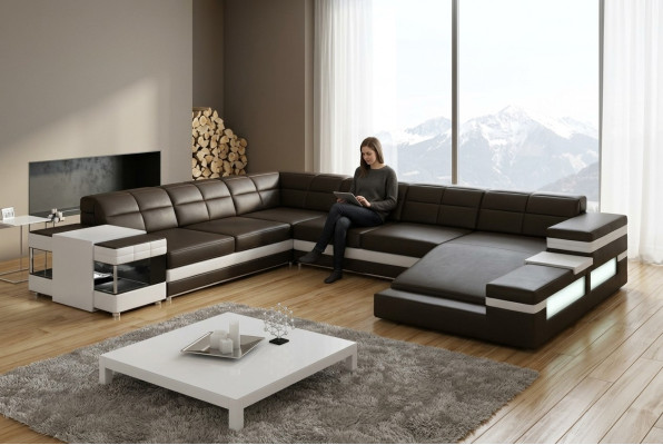 Leren bank LED USB bank Bank Bekleding Hoek Woonlandschap Hoekbank Ontwerp Leer