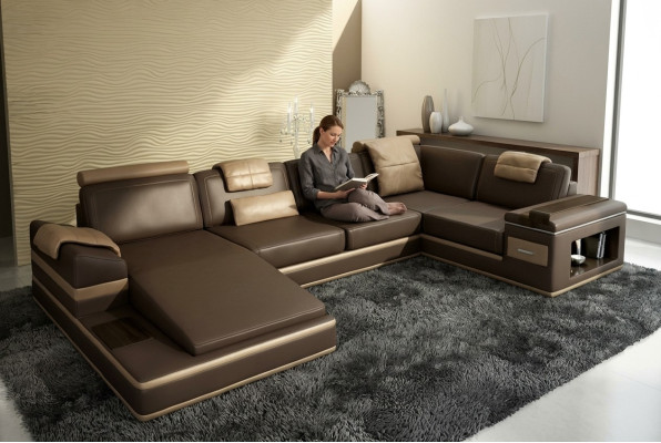 Hoekbank bank USB + LED woonlandschap U-vorm gestoffeerde bank ledersofa stof leer