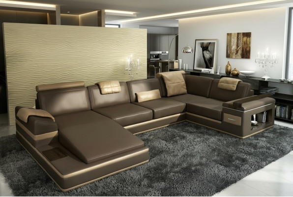 Hoekbank bank USB + LED woonlandschap U-vorm gestoffeerde bank ledersofa stof leer