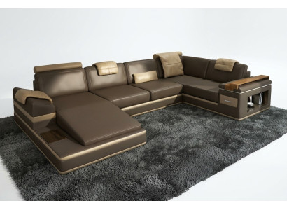 Hoekbank bank USB + LED woonlandschap U-vorm gestoffeerde bank ledersofa stof leer