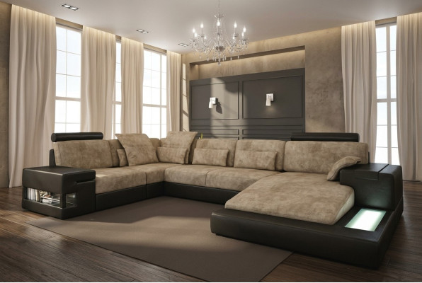 Hoekbank Bank Woonlandschap U-vorm Bekleding Bank Leren bank Stof Leer USB + LED